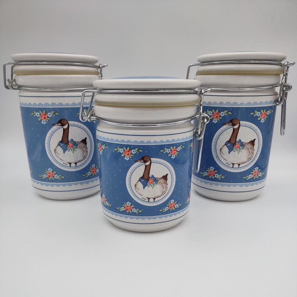 Set of 3 George Good by Fabrizio Ceramic Canister Storage Goose Blue Japan 1985